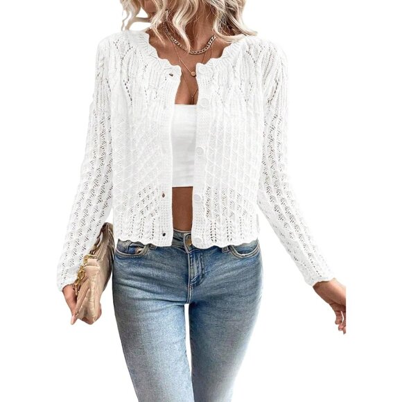 Knit Cardigan Sweater Women Cropped Long Sleeve Button Fall Casual Top - Picture 1 of 5